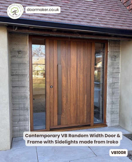 contemporary iroko door and sidelights full length bronze pull handle